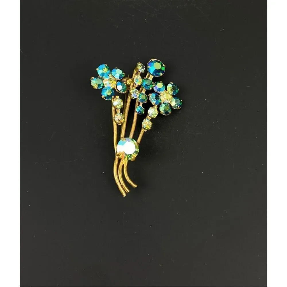 Vintage Gold Tone Blue Aurora Borealis Rhinestone Spray Flower Bouquet Brooch DT